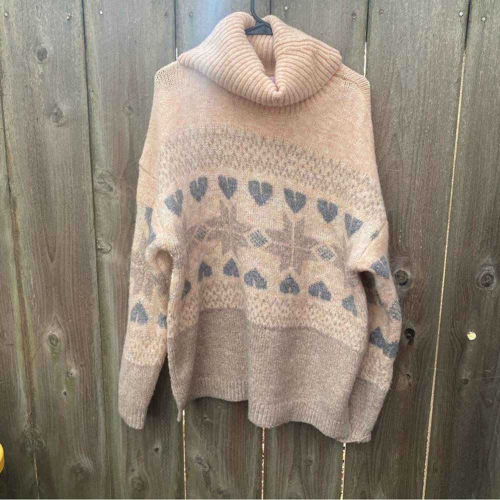 Pink Lily Fair Isle Turtle‎ Neck Cozy Sweater Hearts and Snowflakes
